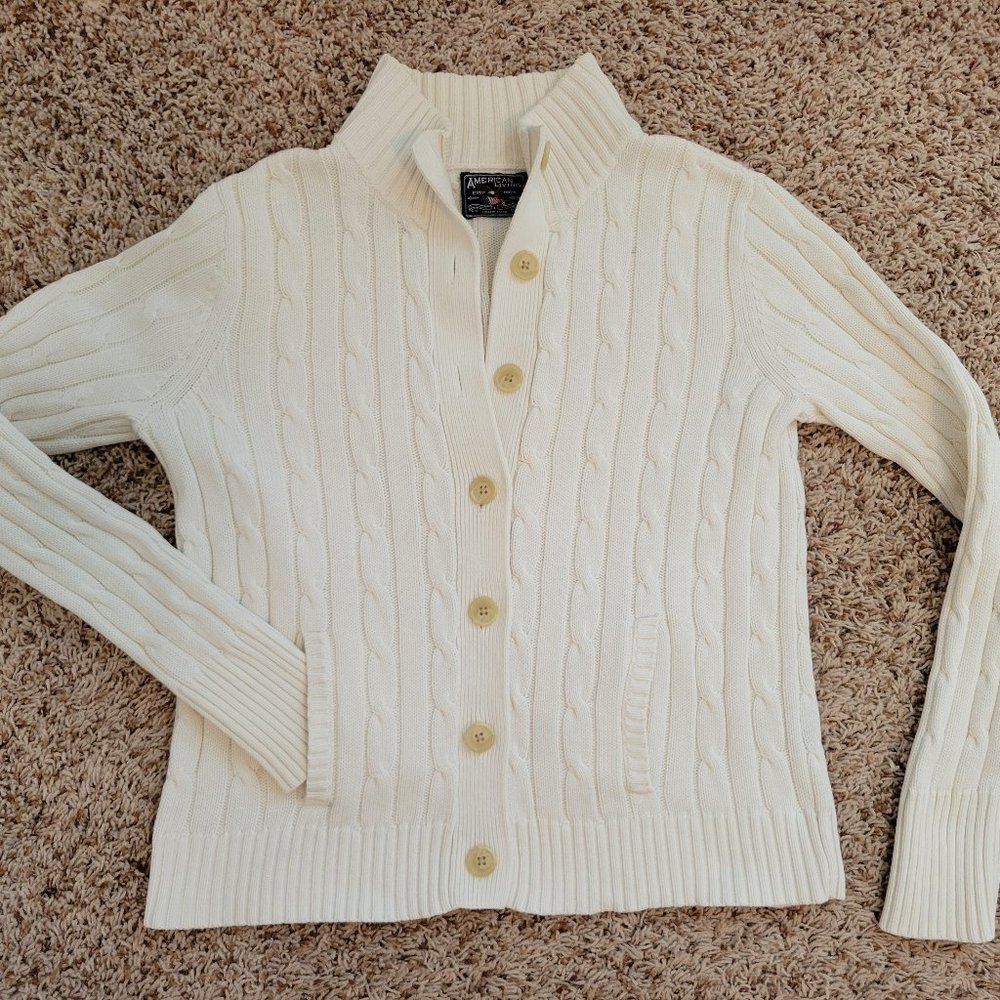 Off White Cable Knit Cardigan with Slash Pockets, Size S